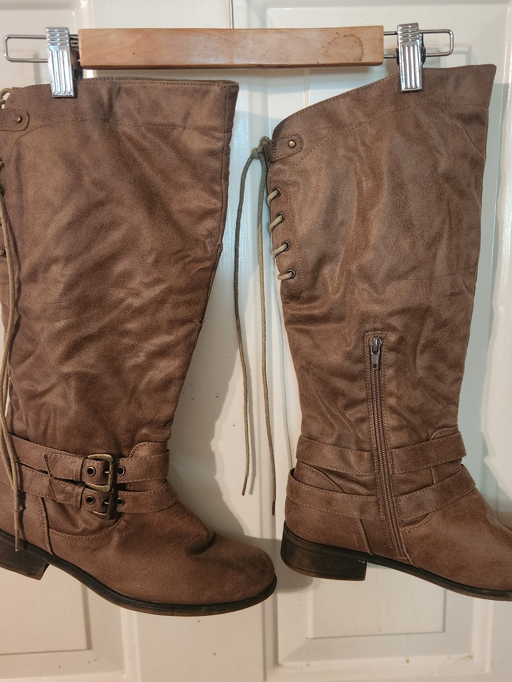 XOXO Taupe Lace-Back Over-the-Knee Buckle Boots